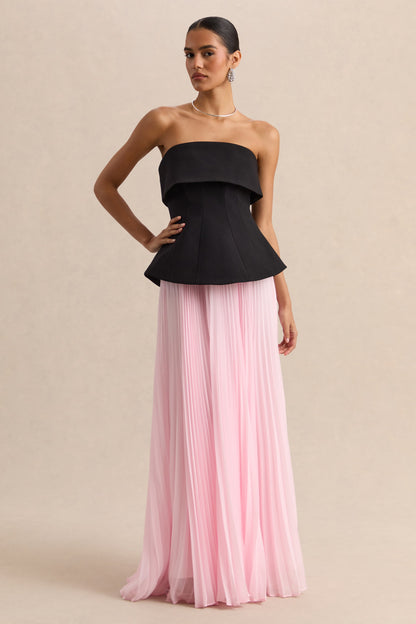 Stellara | Vestido Largo Negro Y Rosa De Scuba Crepé Con Escote Bandeau Y Falda Plisada