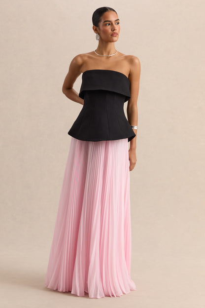 Stellara | Vestido Largo Negro Y Rosa De Scuba Crepé Con Escote Bandeau Y Falda Plisada