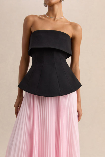 Stellara | Vestido Largo Negro Y Rosa De Scuba Crepé Con Escote Bandeau Y Falda Plisada