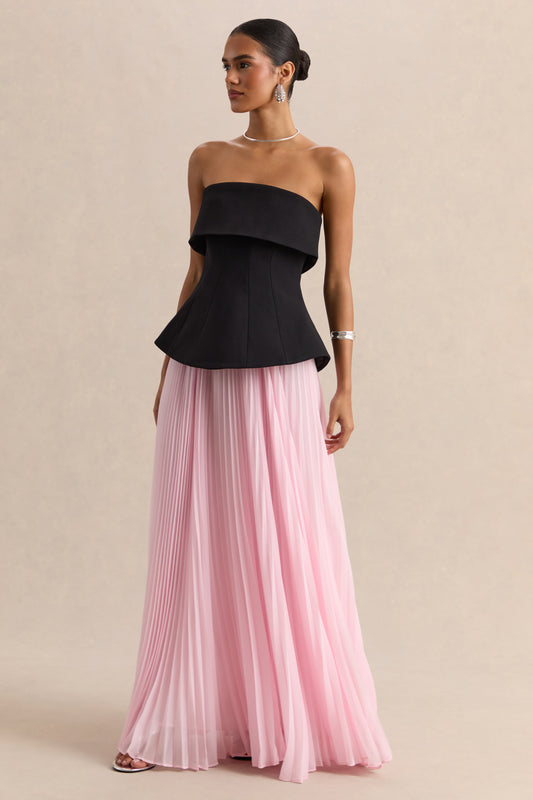 Stellara | Vestido Largo Negro Y Rosa De Scuba Crepé Con Escote Bandeau Y Falda Plisada