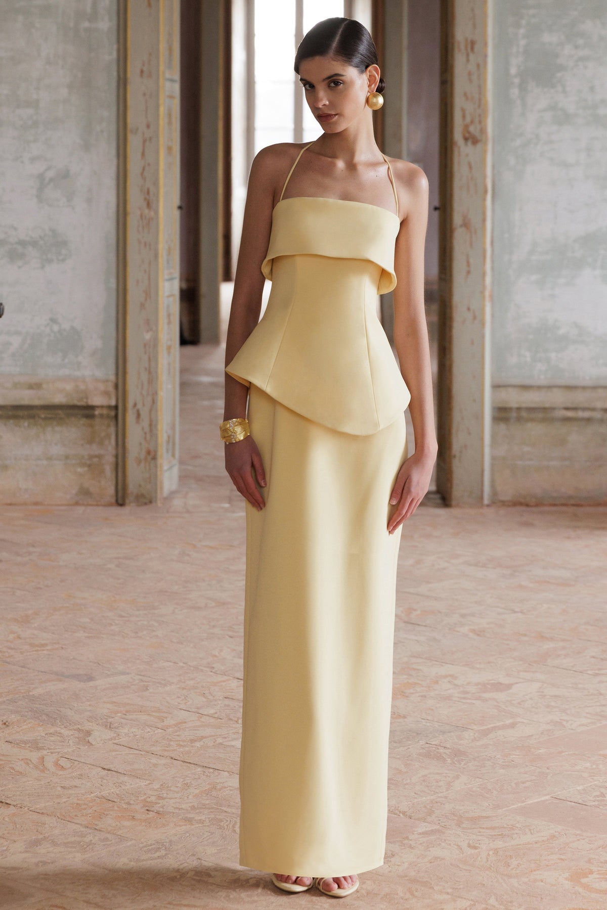 Fran | Vestido Largo Limón Con Escote Cuadrado Y Corsé
