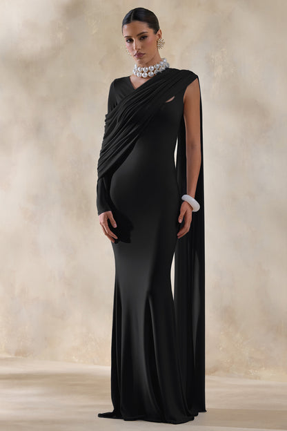 Rubelle | Vestido Largo Negro con Escote Asimétrico y Detalle Drapeado