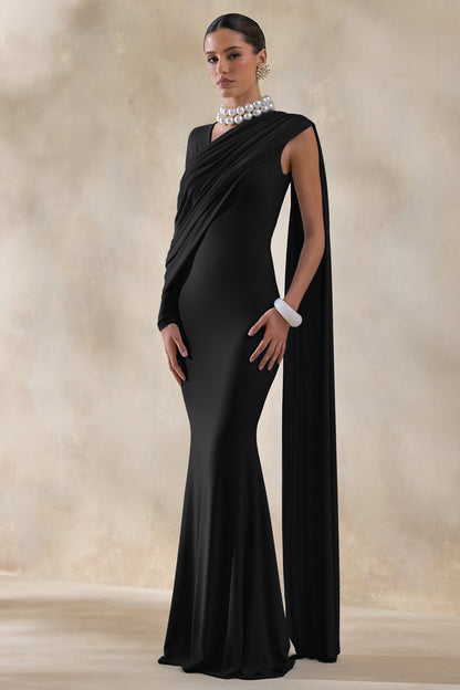 Rubelle | Vestido Largo Negro con Escote Asimétrico y Detalle Drapeado