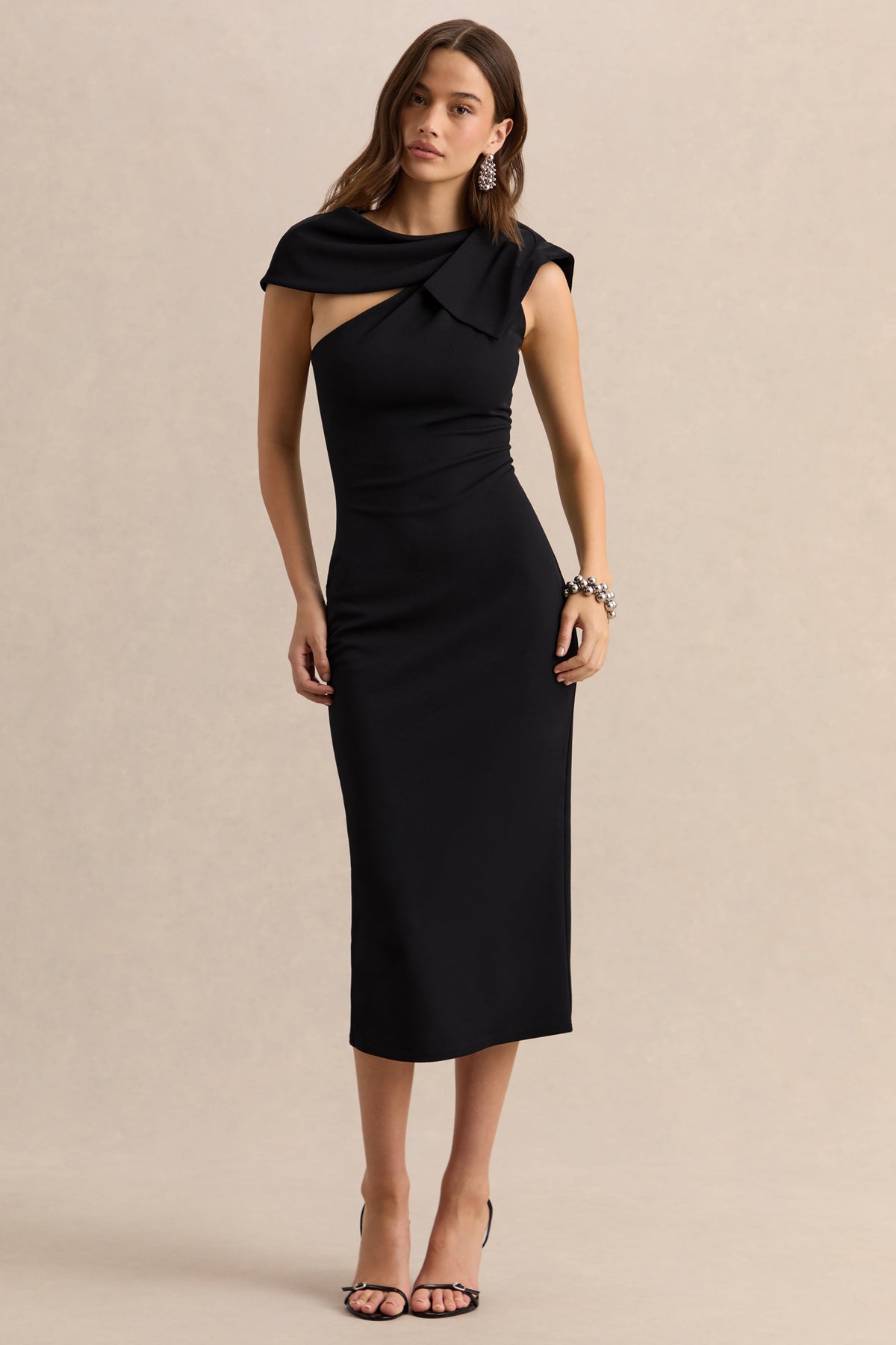 Clarina | Negro Escote Asimétrico Vestido Midi con Detalle de Lazo