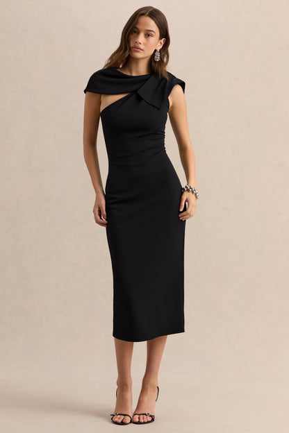 Clarina | Negro Escote Asimétrico Vestido Midi con Detalle de Lazo