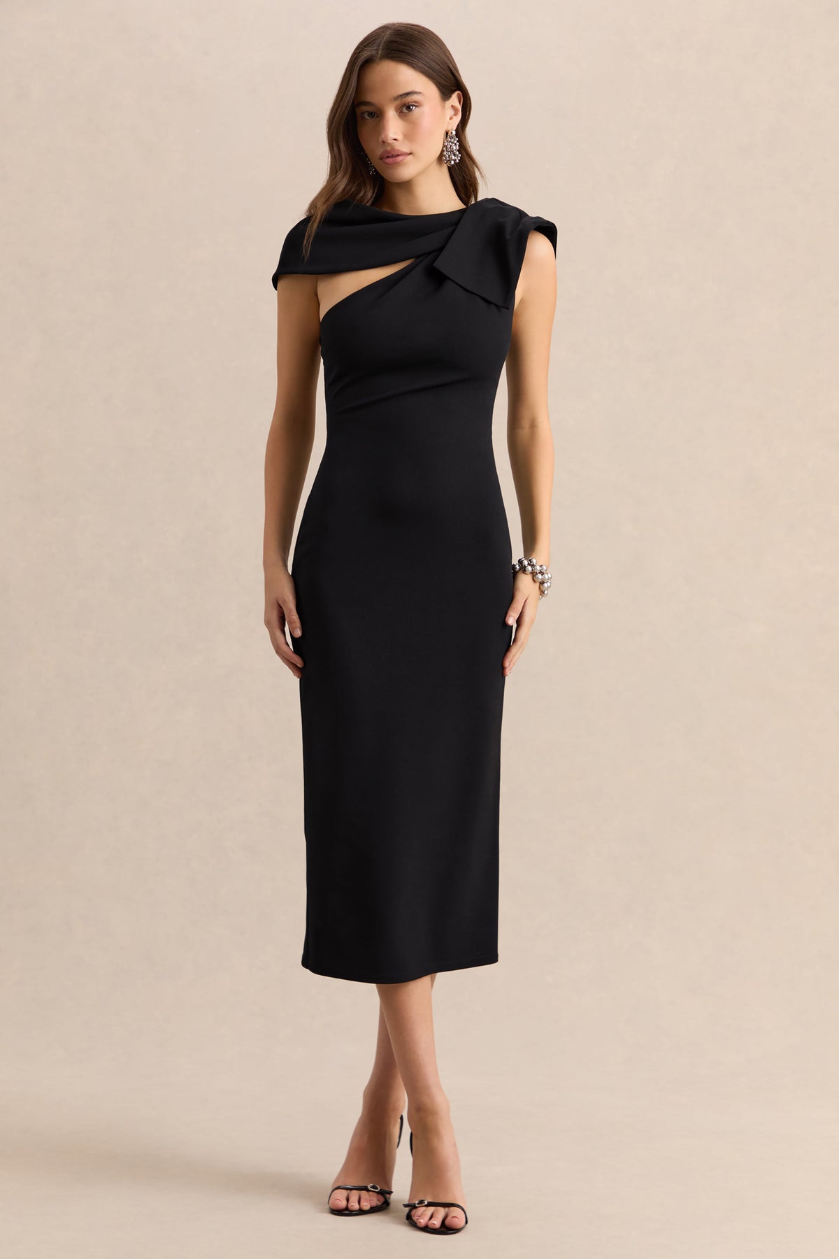 Clarina | Negro Escote Asimétrico Vestido Midi con Detalle de Lazo