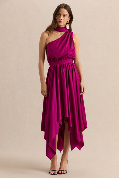 Caluna | Vestido Midi Rosa Intenso Satén Escote Asimétrico con Detalle de Pañuelo