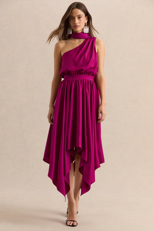 Caluna | Vestido Midi Rosa Intenso Satén Escote Asimétrico con Detalle de Pañuelo