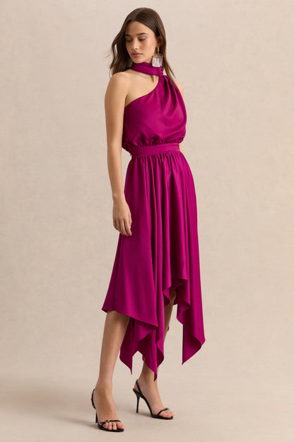Caluna | Vestido Midi Rosa Intenso Satén Escote Asimétrico con Detalle de Pañuelo