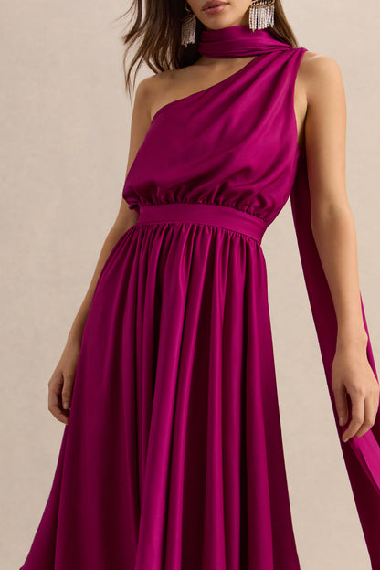 Caluna | Vestido Midi Rosa Intenso Satén Escote Asimétrico con Detalle de Pañuelo