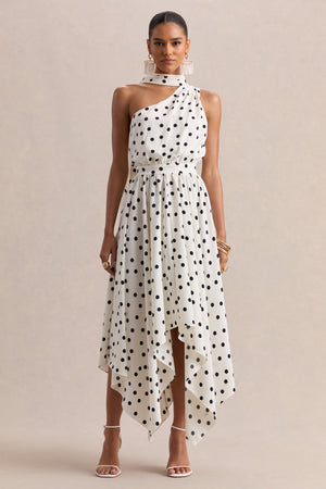Caluna | Vestido Midi De Satén De Lunares Blanco Y Negro Con Escote Asimétrico Y Detalle De Pañuelo