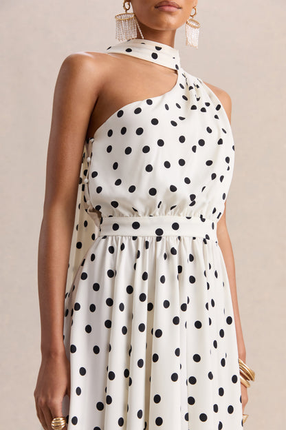 Caluna | Vestido Midi De Satén De Lunares Blanco Y Negro Con Escote Asimétrico Y Detalle De Pañuelo