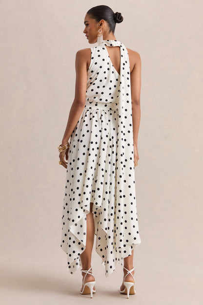 Caluna | Vestido Midi De Satén De Lunares Blanco Y Negro Con Escote Asimétrico Y Detalle De Pañuelo