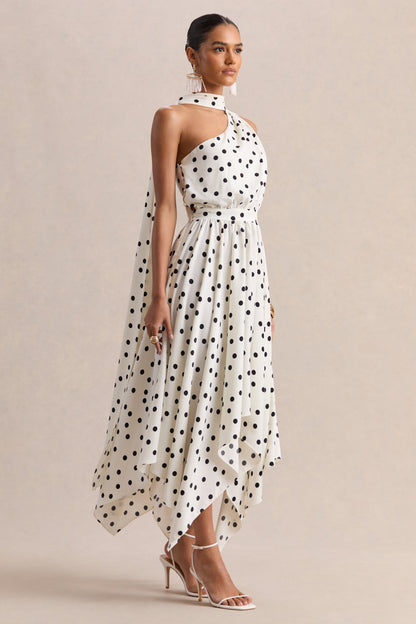 Caluna | Vestido Midi De Satén De Lunares Blanco Y Negro Con Escote Asimétrico Y Detalle De Pañuelo