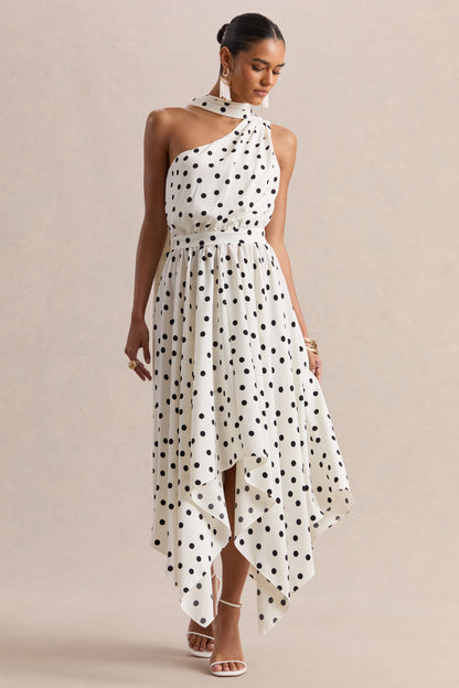 Caluna | Vestido Midi De Satén De Lunares Blanco Y Negro Con Escote Asimétrico Y Detalle De Pañuelo