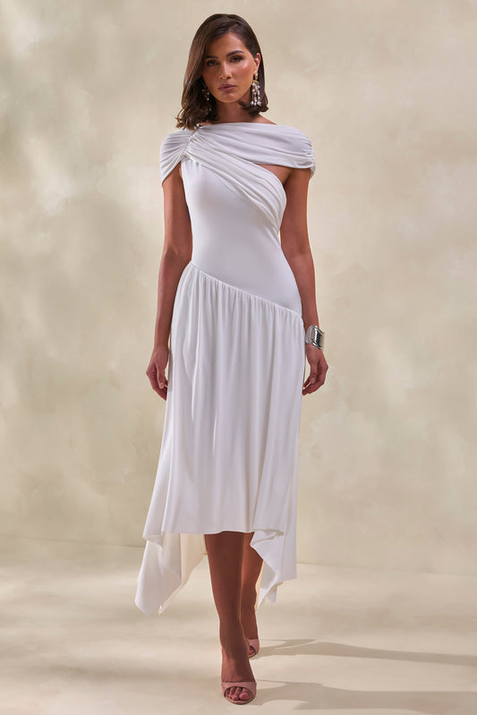 Lorina | Vestido Midi Blanco De Cuello Alto Con Cintura Asimétrica
