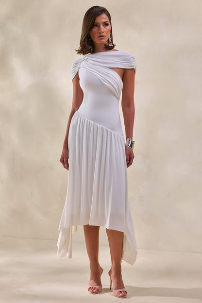 Lorina | Vestido Midi Blanco De Cuello Alto Con Cintura Asimétrica