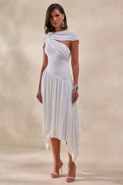 Lorina | Vestido Midi Blanco De Cuello Alto Con Cintura Asimétrica