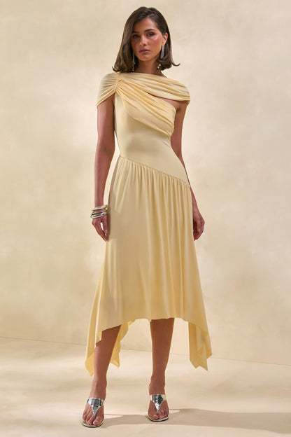 Lorina | Vestido Midi Amarillo Limón De Cuello Alto Con Cintura Asimétrica