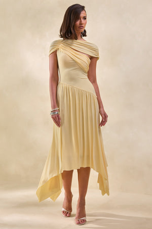 Lorina | Vestido Midi Amarillo Limón De Cuello Alto Con Cintura Asimétrica