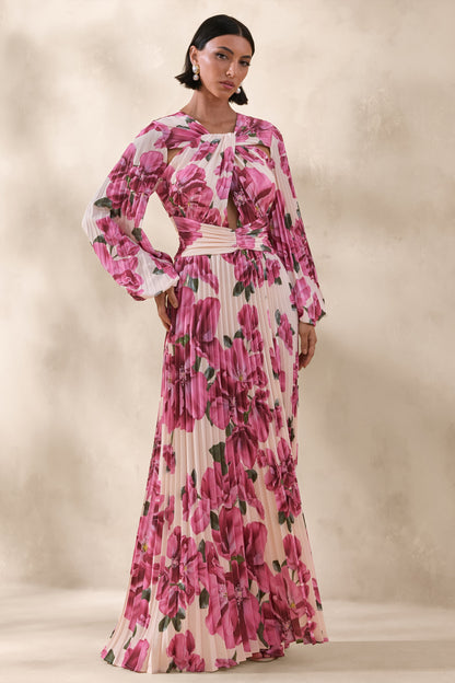Rionna | Vestido Largo Rosa Con Estampado Hibiscus Y Abertura Frontal