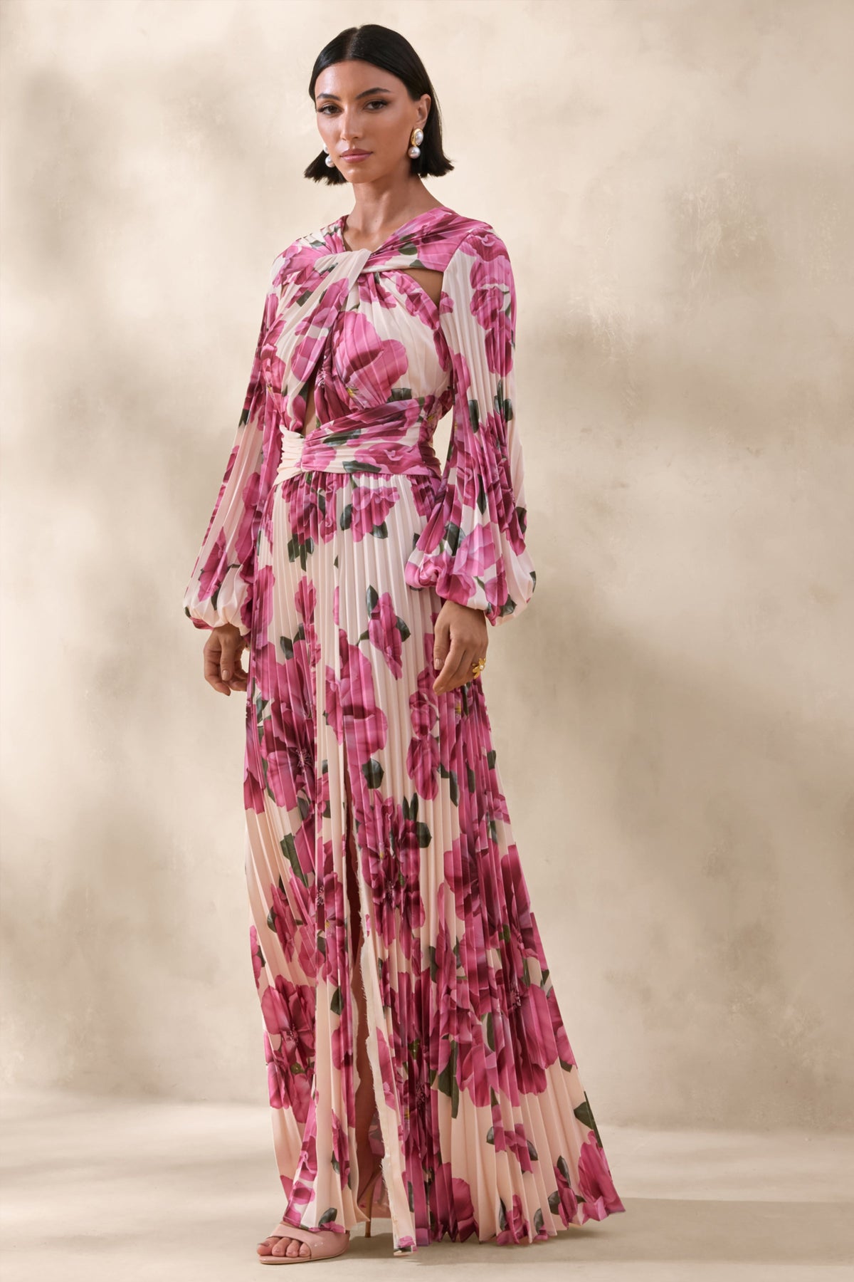 Rionna | Vestido Largo Rosa Con Estampado Hibiscus Y Abertura Frontal
