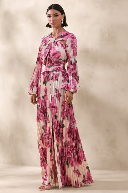 Rionna | Vestido Largo Rosa Con Estampado Hibiscus Y Abertura Frontal