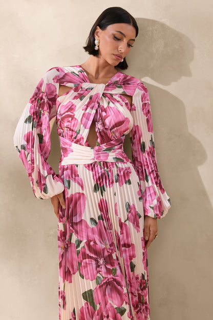 Rionna | Vestido Largo Rosa Con Estampado Hibiscus Y Abertura Frontal