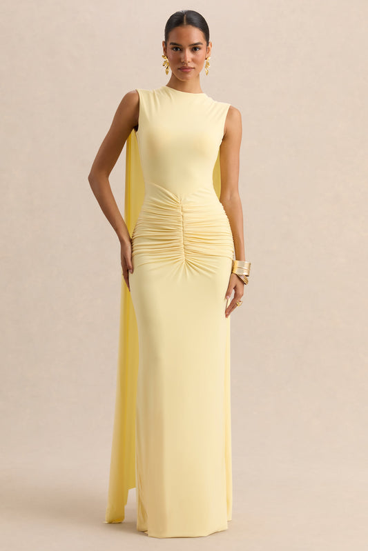 Premiere | Vestido Largo Color Limón Con Escote Barco Mangas Capa Y Espalda Abierta