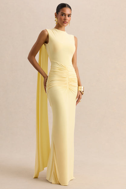 Premiere | Vestido Largo Color Limón Con Escote Barco Mangas Capa Y Espalda Abierta