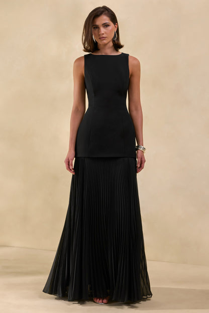 Hadley | Vestido Largo Negro Con Escote Barco Y Cintura Baja