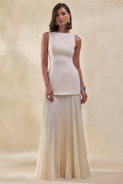 Hadley | Vestido Largo Piedra De Scuba Crepé Con Cuello Barco Y Talle Caído