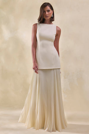 Hadley | Vestido Largo Piedra De Scuba Crepé Con Cuello Barco Y Talle Caído