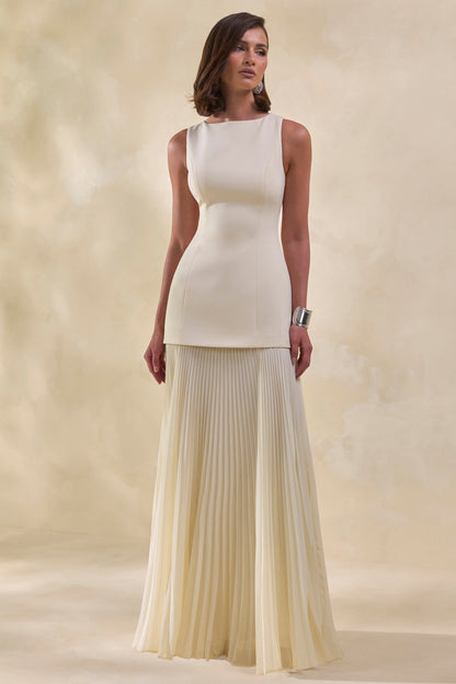 Hadley | Vestido Largo Piedra De Scuba Crepé Con Cuello Barco Y Talle Caído