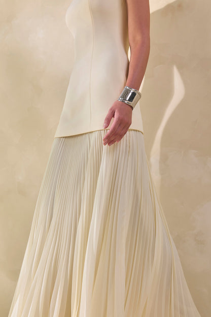 Hadley | Vestido Largo Piedra De Scuba Crepé Con Cuello Barco Y Talle Caído