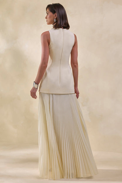 Hadley | Vestido Largo Piedra De Scuba Crepé Con Cuello Barco Y Talle Caído