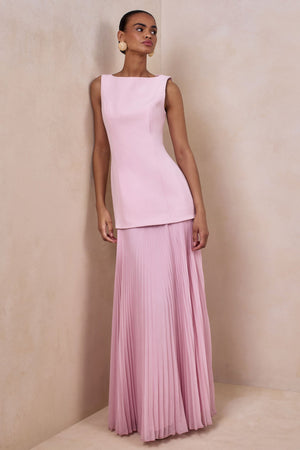 Hadley | Vestido Largo rosa claro con escote barco y cintura caída
