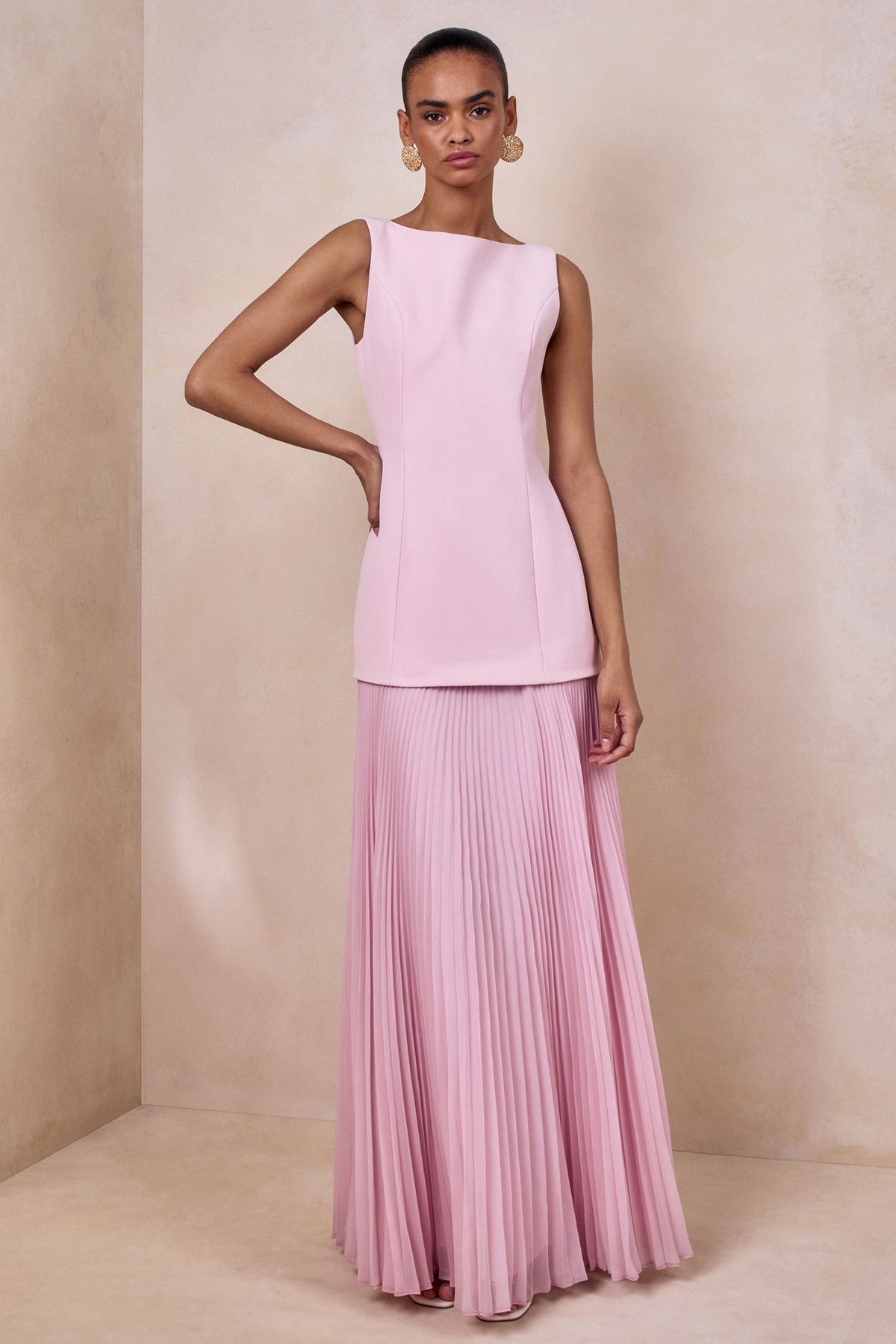 Hadley | Vestido Largo rosa claro con escote barco y cintura caída