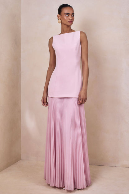 Hadley | Vestido Largo rosa claro con escote barco y cintura caída