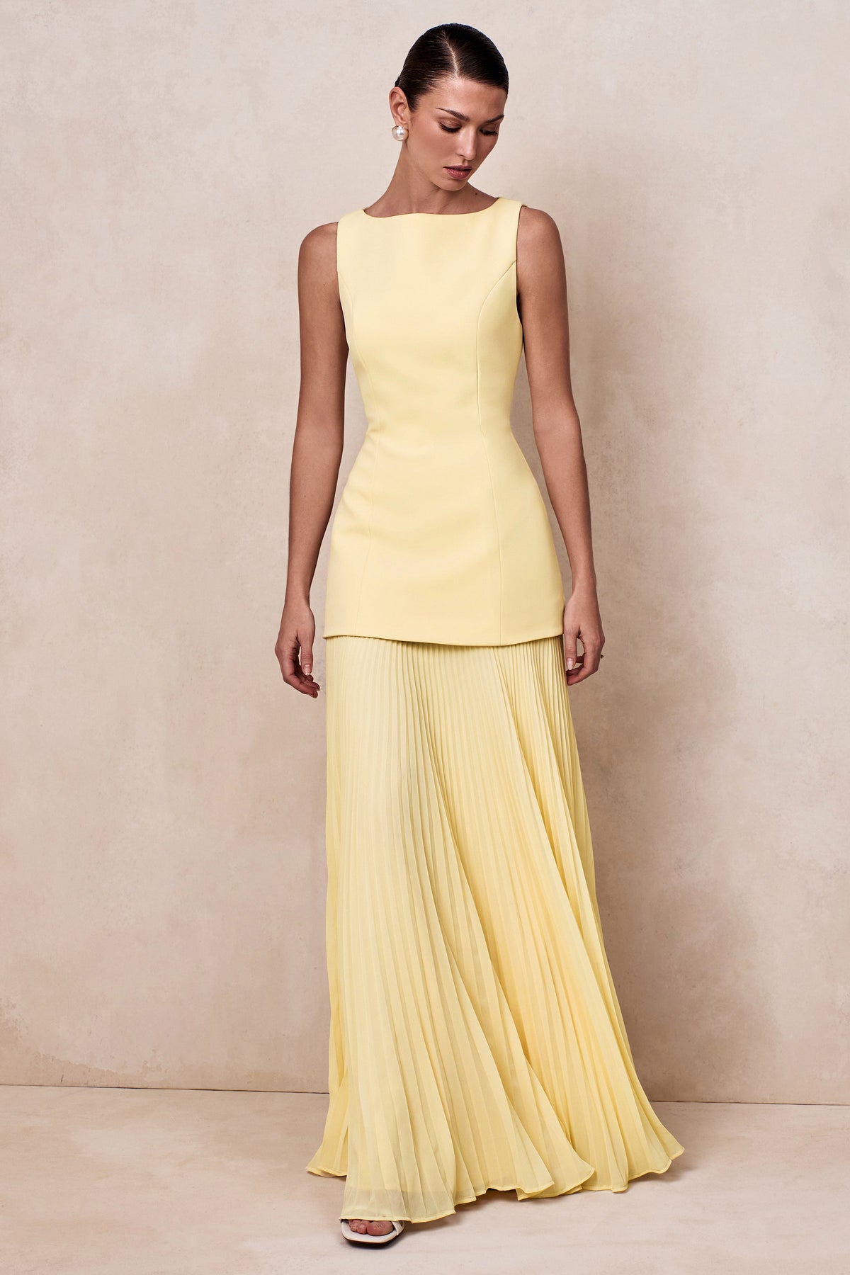 Hadley | Vestido Largo limón con escote barco y cintura caída