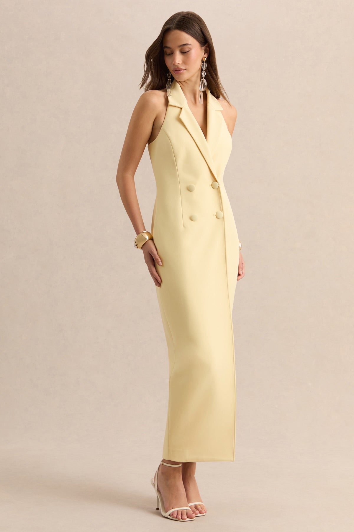 Hana | Vestido Largo Sastre Color Limón Con Escote Pronunciado