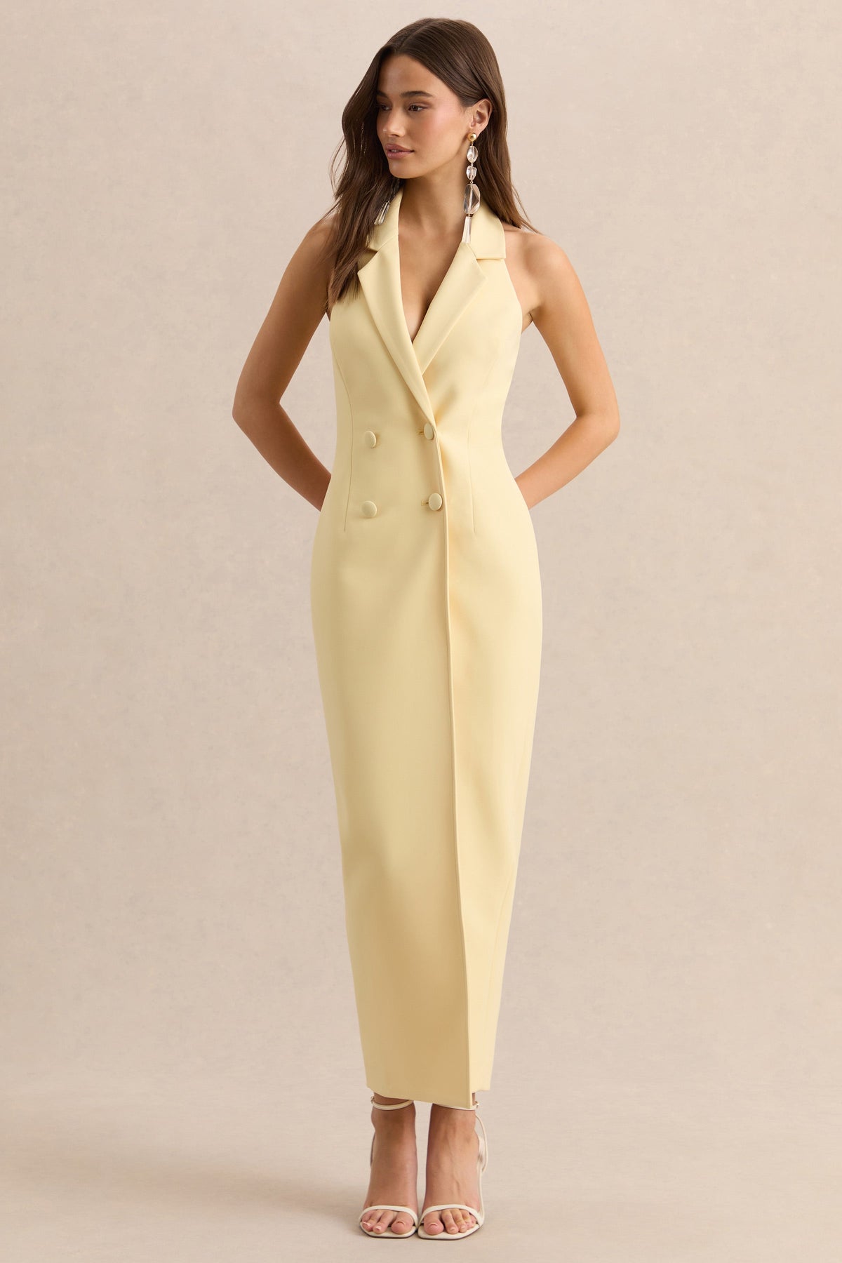 Hana | Vestido Largo Sastre Color Limón Con Escote Pronunciado