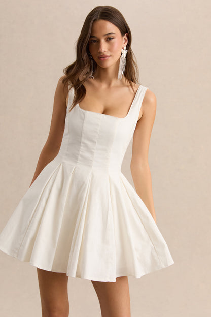 Brioria | Vestido Corto Blanco De Efecto Lino Con Escote Cuadrado Y Falda Skater