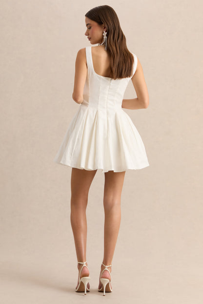 Brioria | Vestido Corto Blanco De Efecto Lino Con Escote Cuadrado Y Falda Skater
