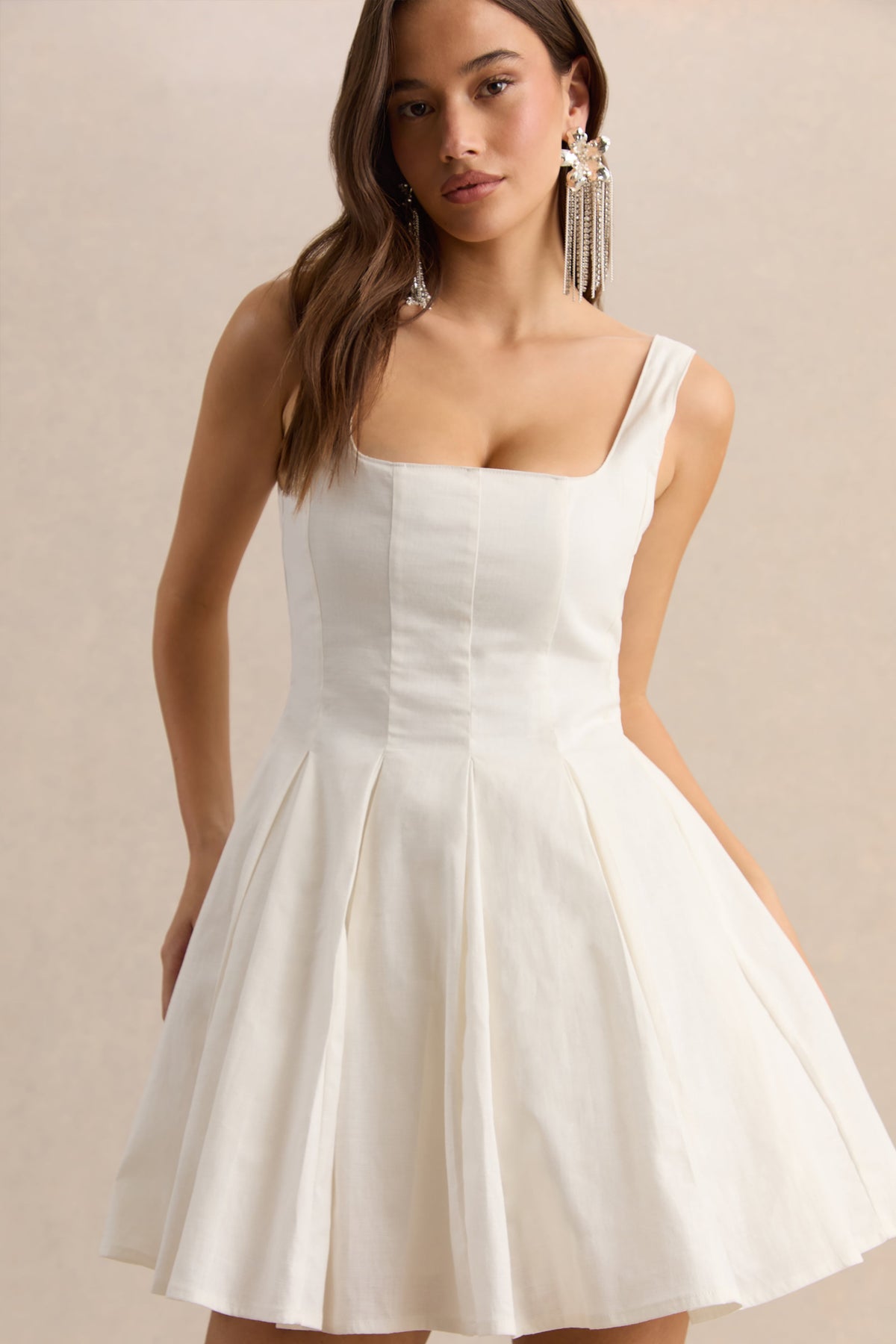 Brioria | Vestido Corto Blanco De Efecto Lino Con Escote Cuadrado Y Falda Skater
