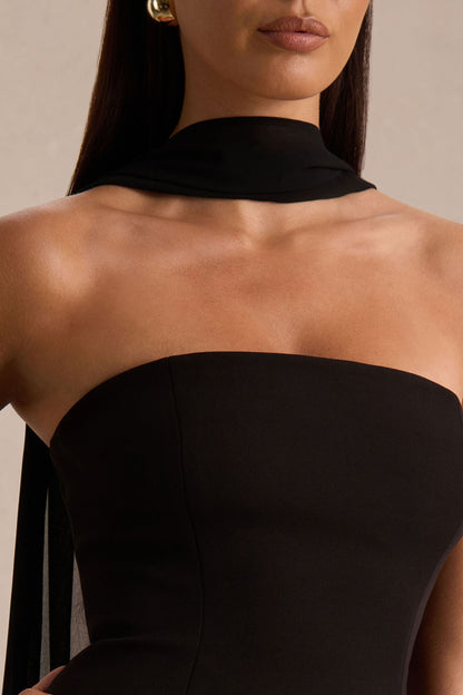 Noor | Vestido corto negro palabra de honor con detalle de bufanda