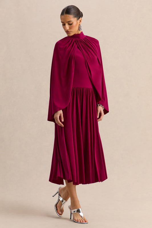Honora | Vestido midi burdeos de escote alto con mangas tipo capa