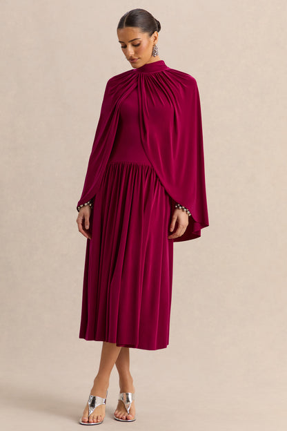 Honora | Vestido midi burdeos de escote alto con mangas tipo capa
