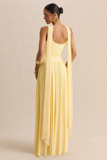 Aurina | Vestido Largo Color Limón Con Escote Cuadrado Y Capa
