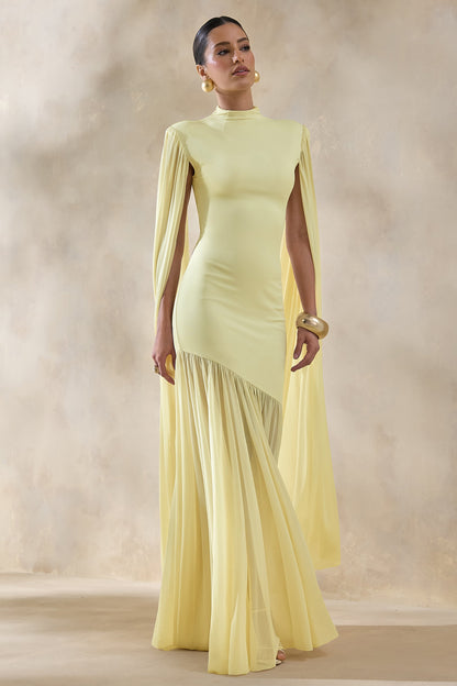 Chantelle | Vestido largo de cuello alto en amarillo limón con cintura caída y mangas tipo capa